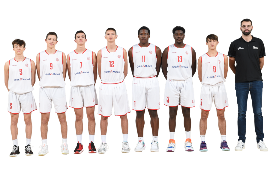 Malo CHAUVIRE (N°5), Loris CESBRON (N°9), Romain GALLARD (N°7), Elian VERDIER (N°12), Roxy GAZAMBERT (N°11), Isha-Didier FREITAS (N°13), Maxence LE CASTREC (N°8), Antoine CHEVRIER (Coach)